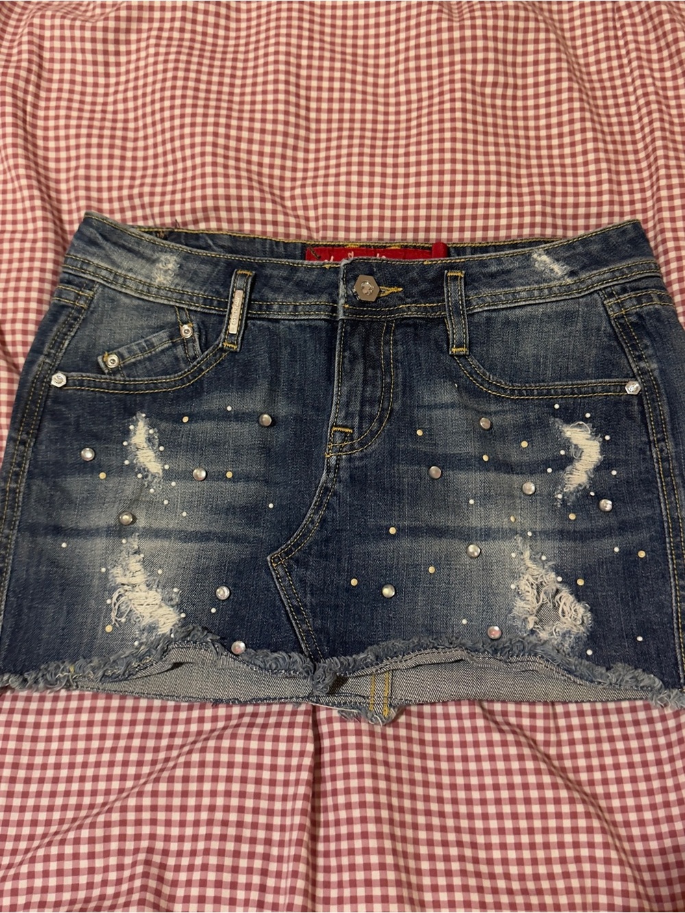Distressed Dark Blue Denim Mini Skirt with Stud Embellishments - Picture 3 of 7